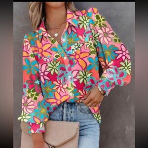 NWT Colorful Flower Print Button Up Blouse